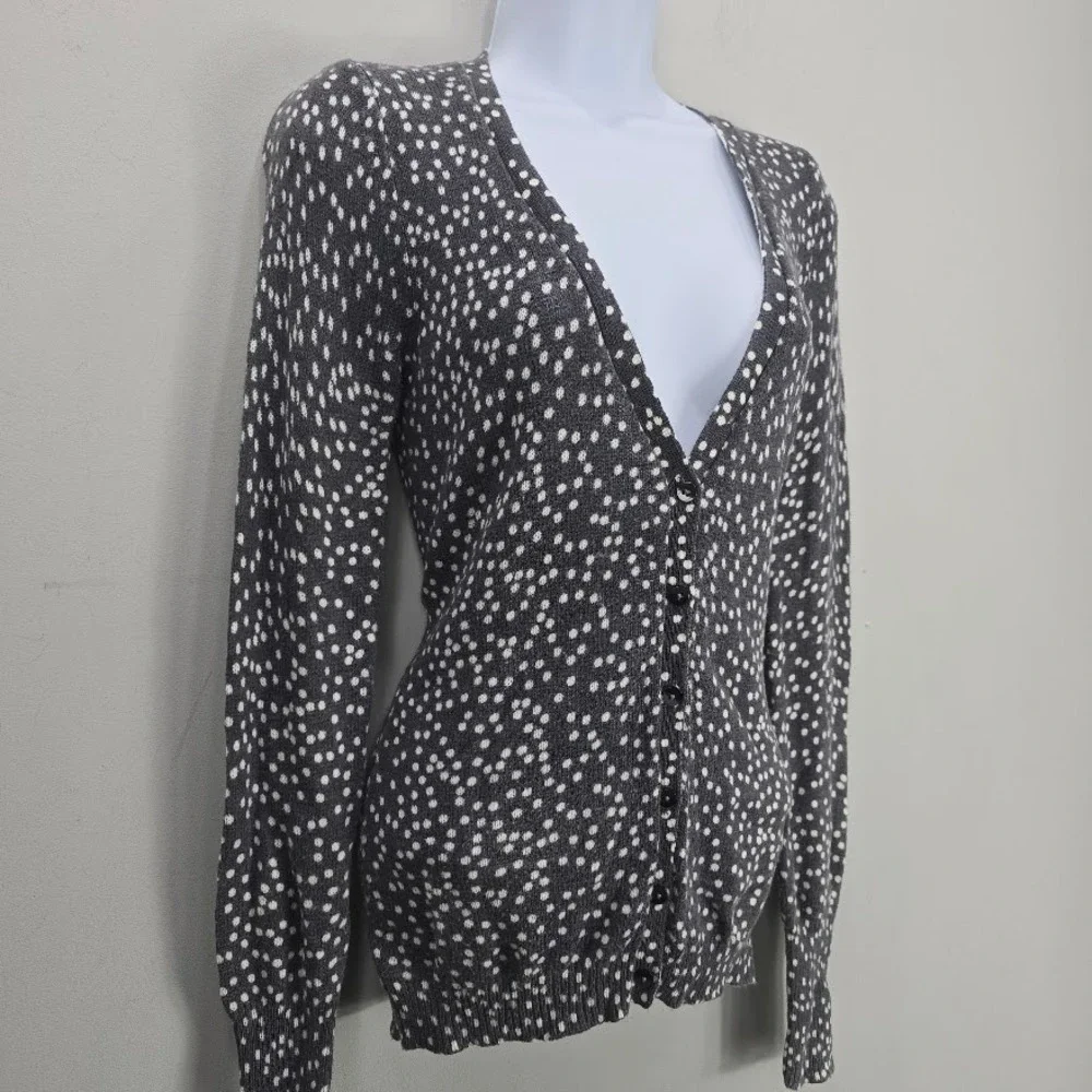VTG Y2K Old Navy Womens‎ Cardigan Sweater Top Gray Polka-Dot Deep V Neck Preppy